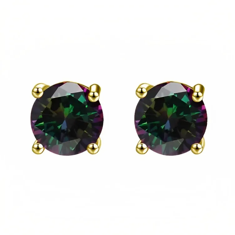 Paris Jewelry 18k Yellow Gold 2 Pair Created Mystic 4mm Round & Princess Cut Stud Earrings Plated