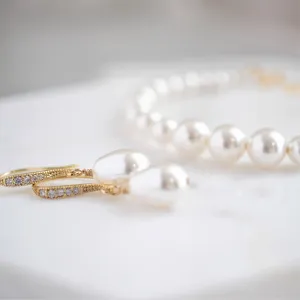 Pear Pearl Drop Gold Earrings and Bracelet Set