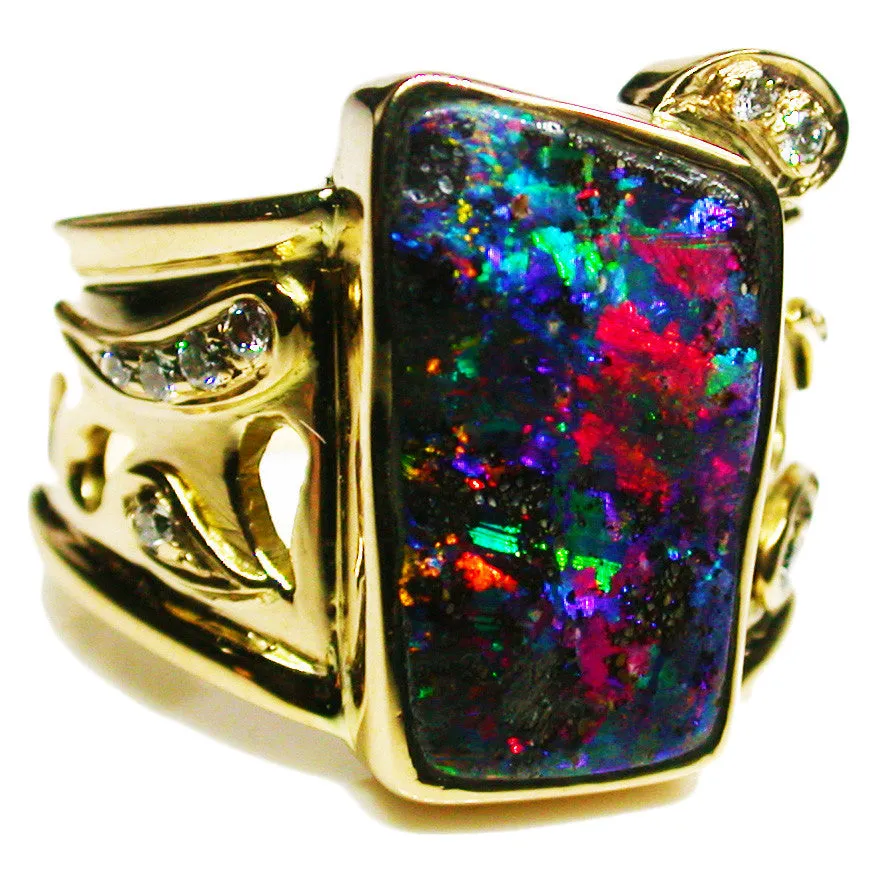 Red Green Violet Boulder Opal Ring