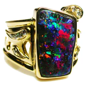 Red Green Violet Boulder Opal Ring