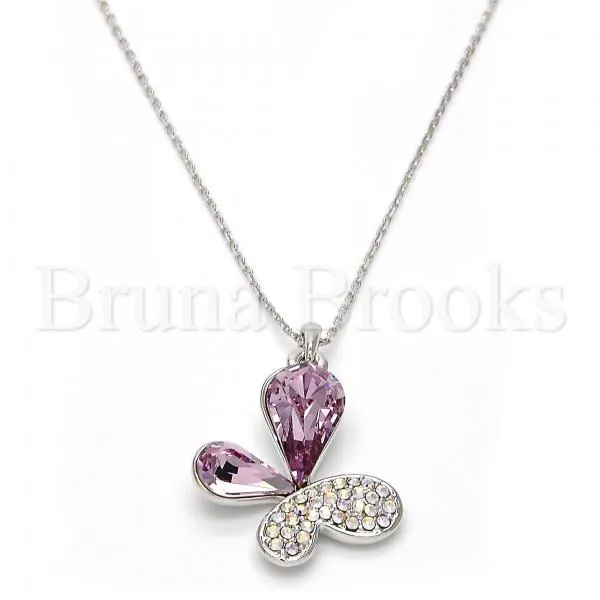 Rhodium Plated Fancy Necklace, Butterfly Design, with Swarovski Crystals, Rhodium Tone