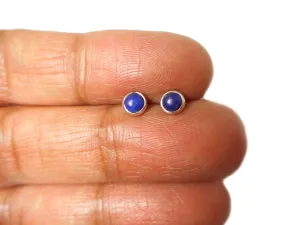 Round Blue LAPIS LAZULI Sterling Silver Stud Earrings 925 - 4 mm
