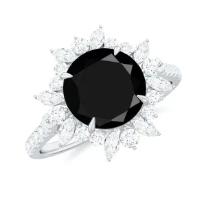 Round Created Black Diamond Statement Ring with Moissanite Floral Halo