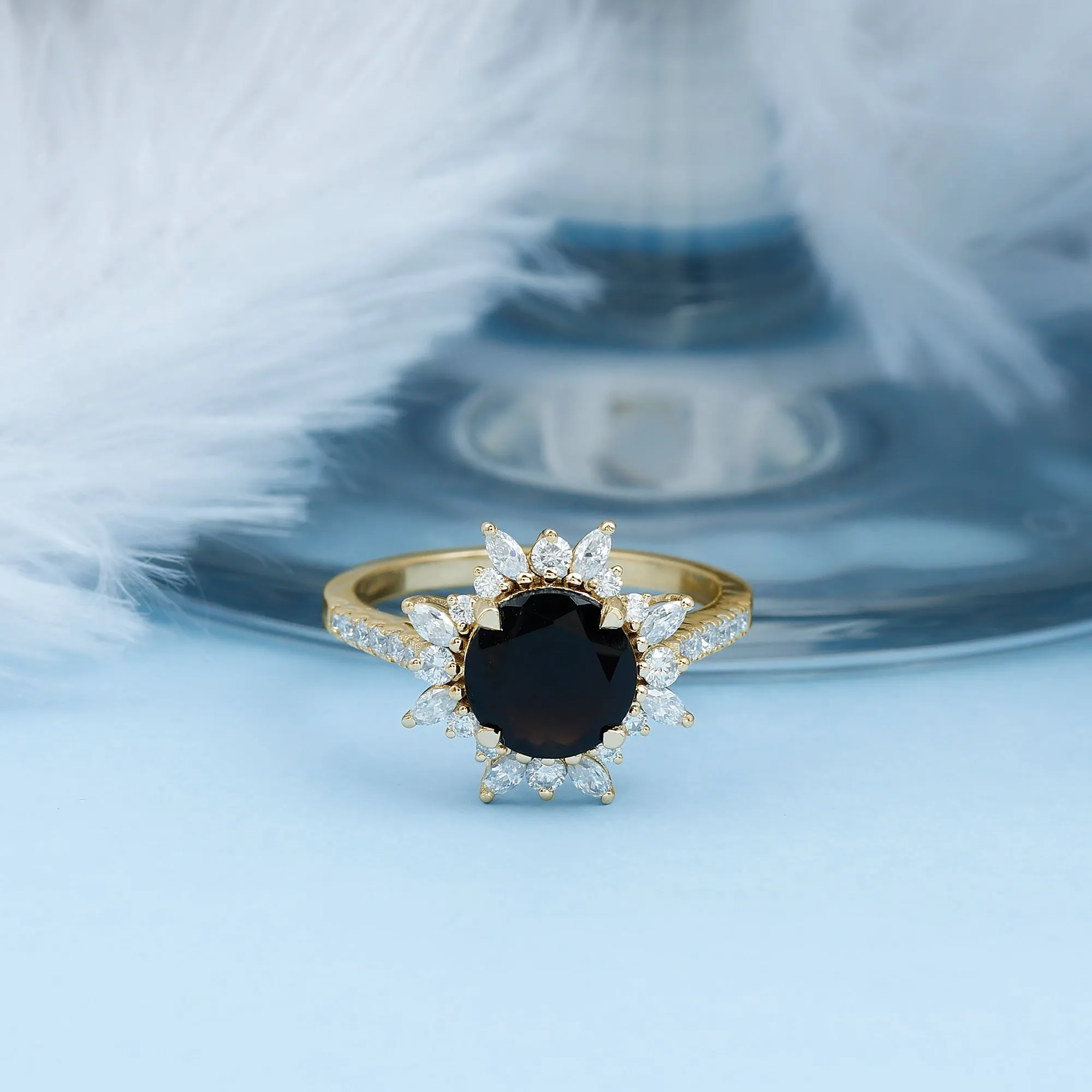 Round Created Black Diamond Statement Ring with Moissanite Floral Halo