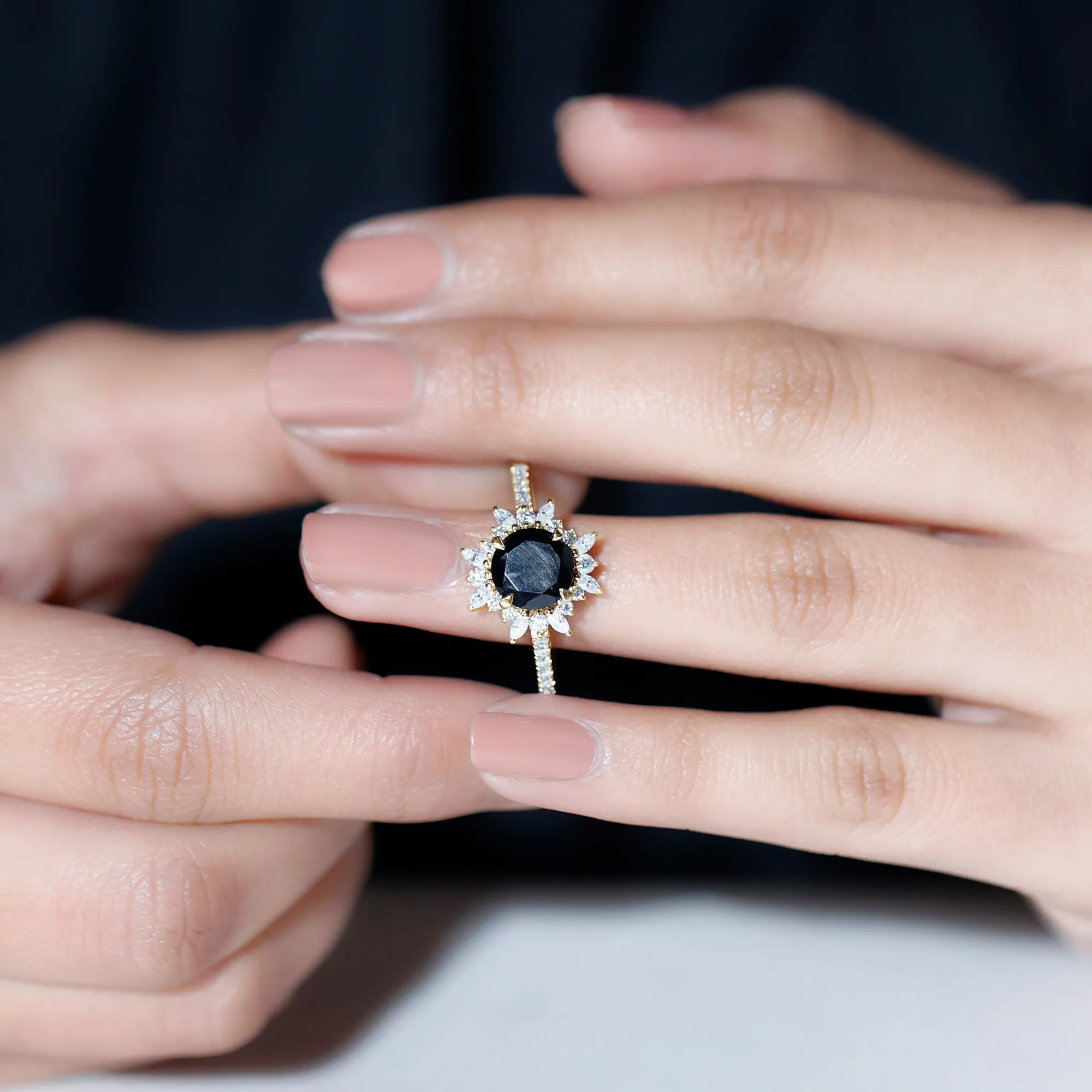 Round Created Black Diamond Statement Ring with Moissanite Floral Halo