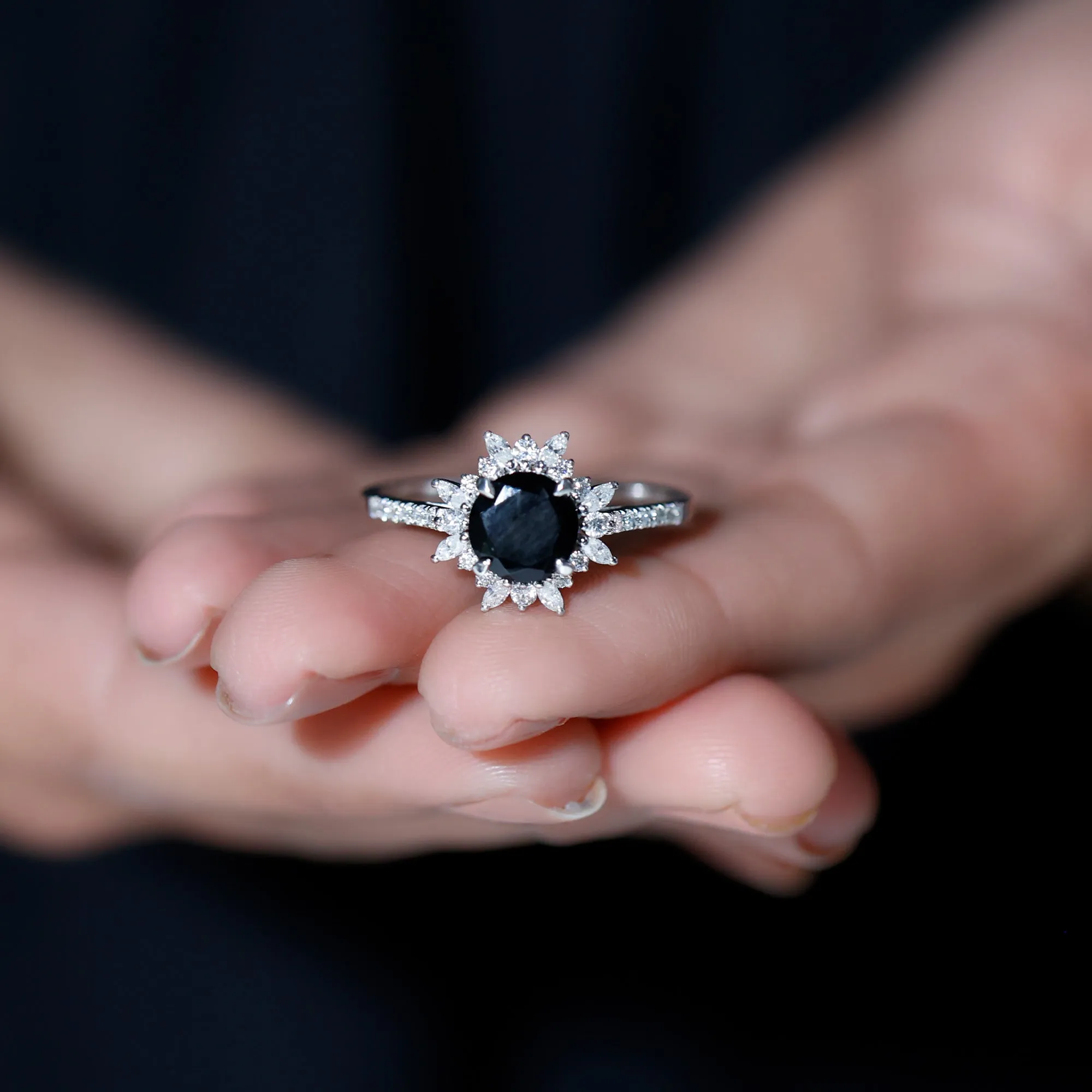 Round Created Black Diamond Statement Ring with Moissanite Floral Halo