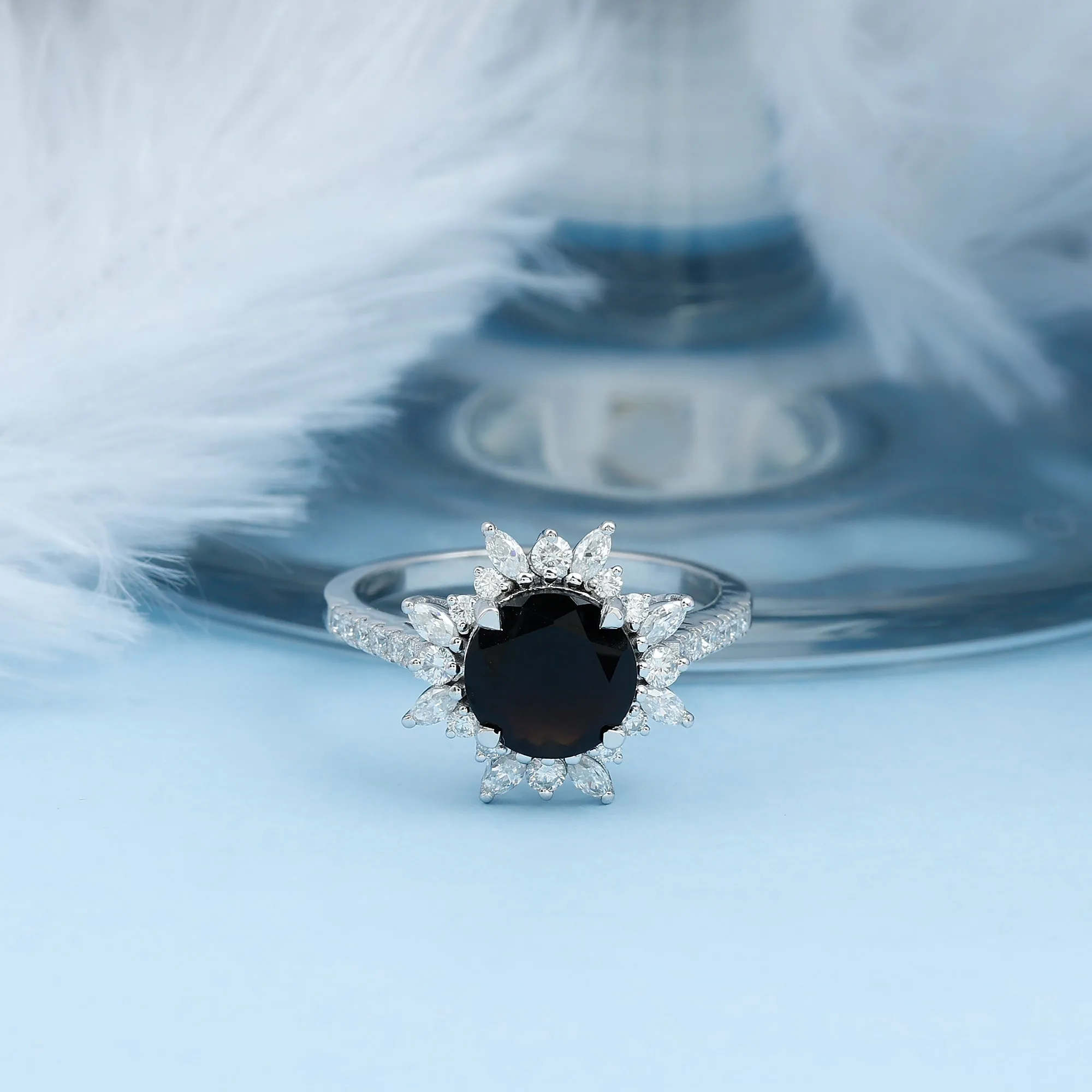 Round Created Black Diamond Statement Ring with Moissanite Floral Halo