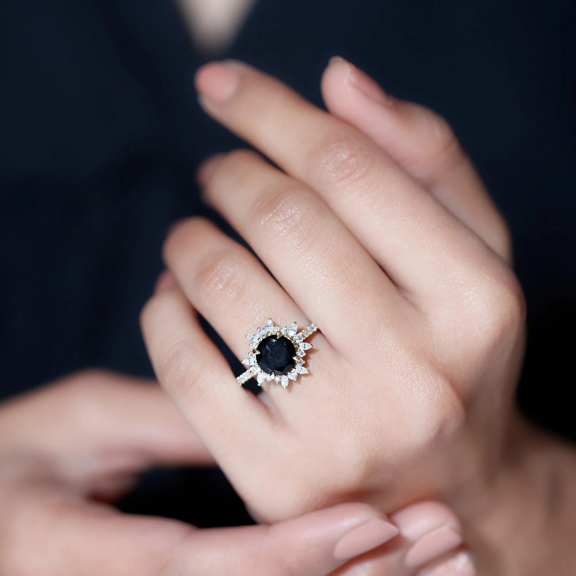 Round Created Black Diamond Statement Ring with Moissanite Floral Halo