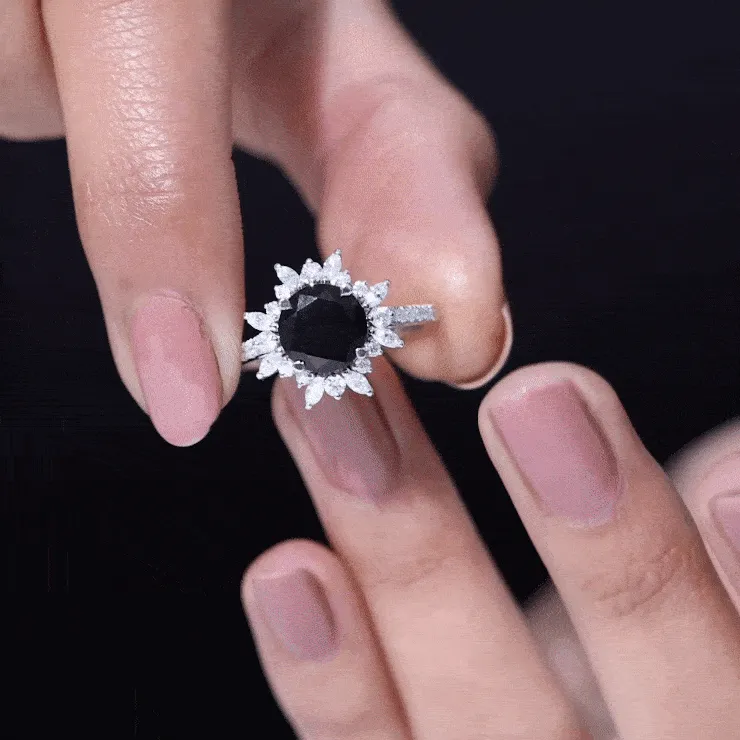 Round Created Black Diamond Statement Ring with Moissanite Floral Halo