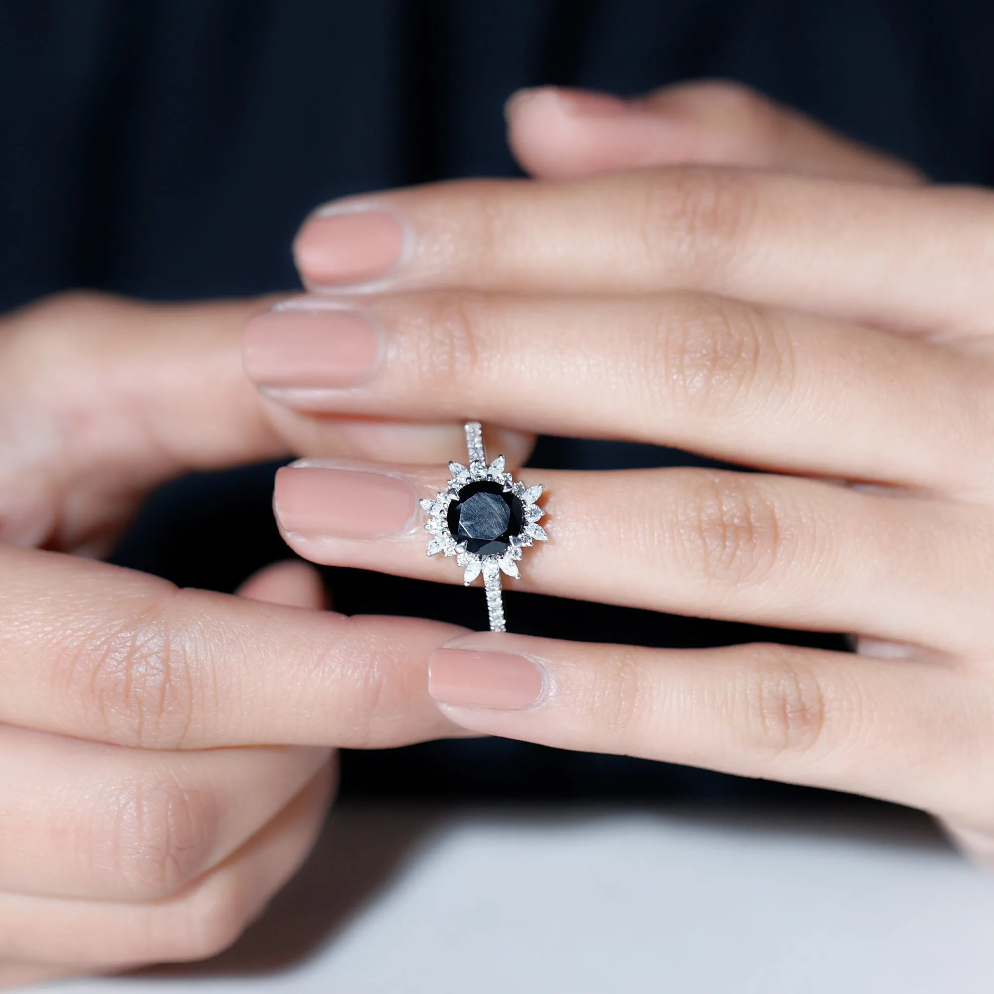 Round Created Black Diamond Statement Ring with Moissanite Floral Halo