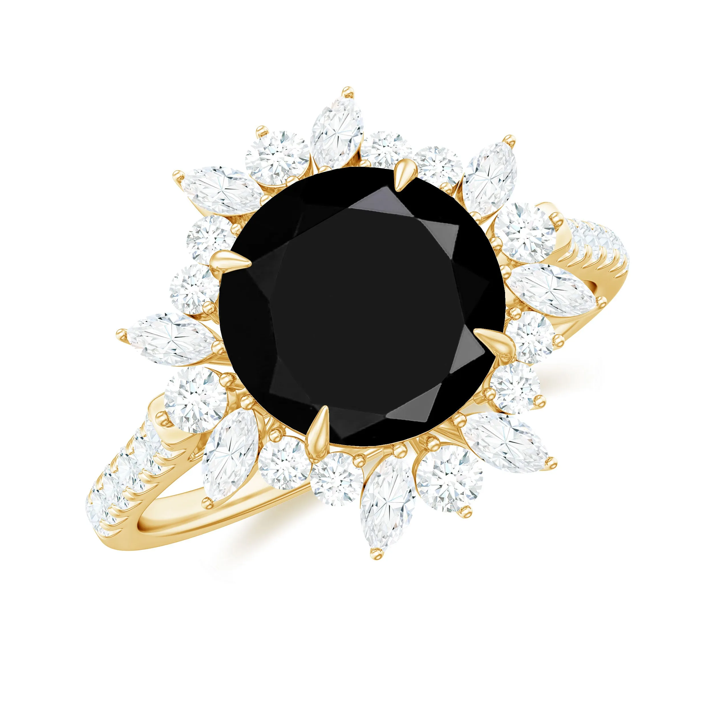 Round Created Black Diamond Statement Ring with Moissanite Floral Halo