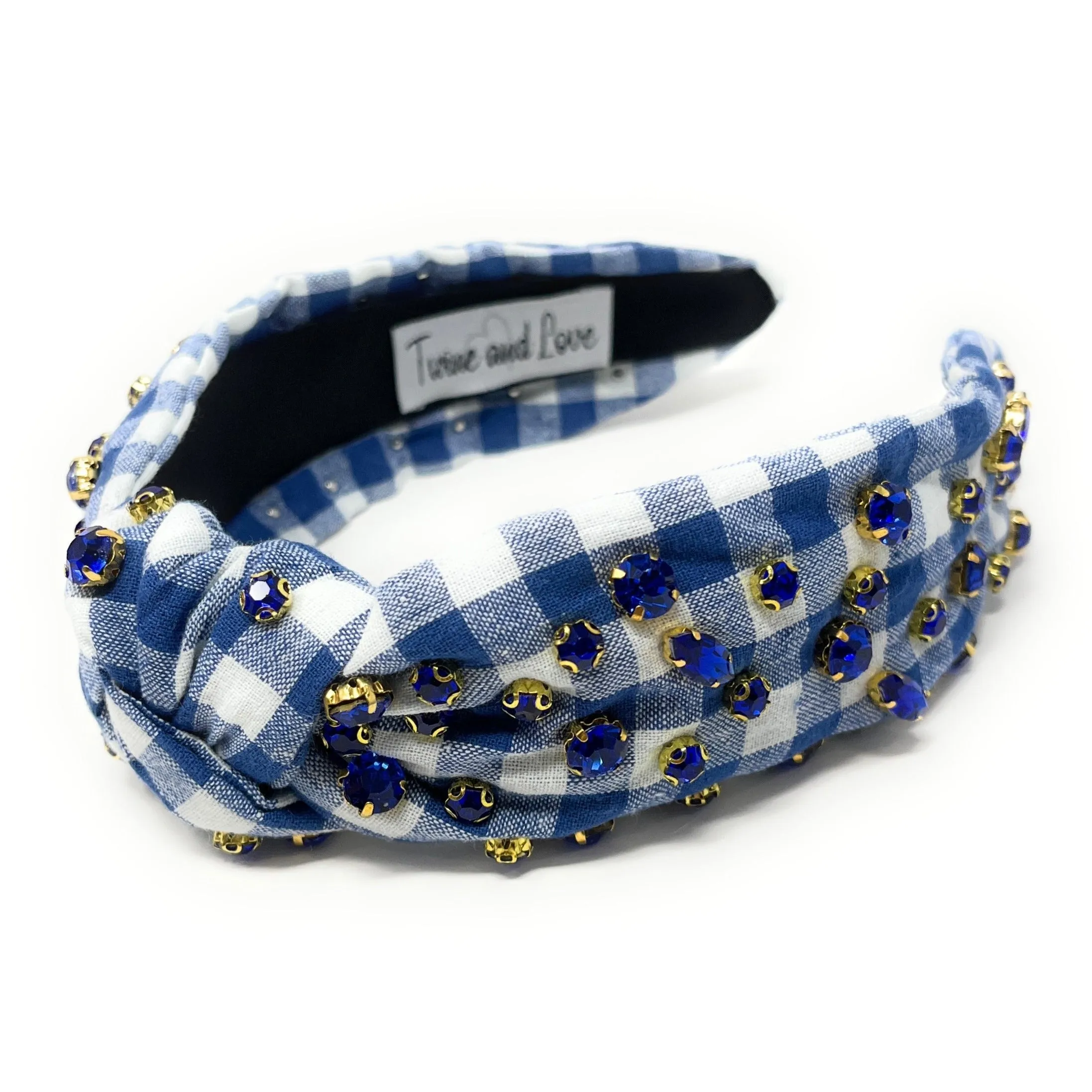 Royal Blue Gingham Jeweled Knot Headband