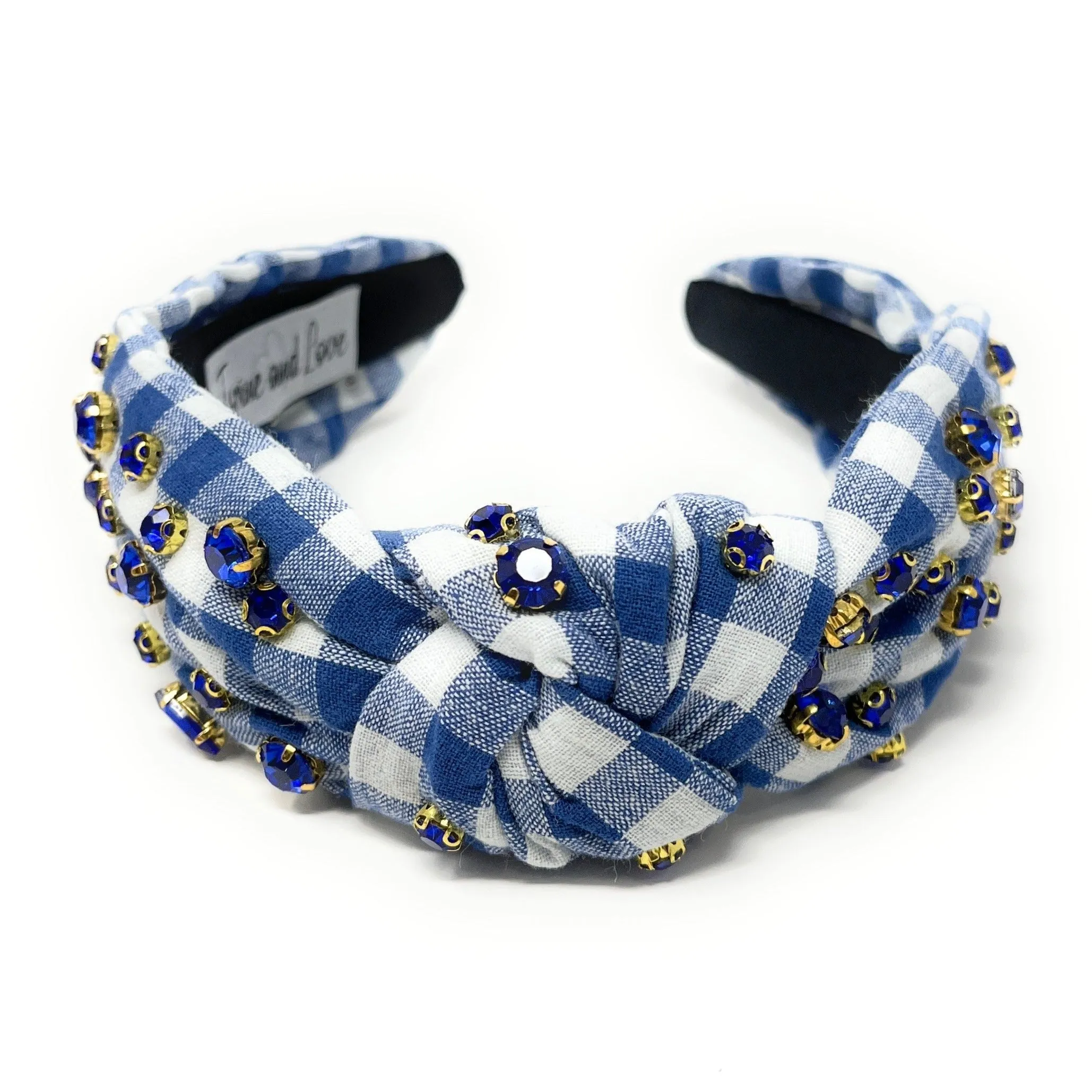 Royal Blue Gingham Jeweled Knot Headband