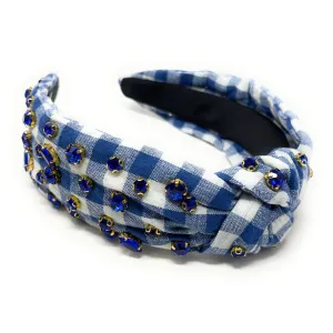 Royal Blue Gingham Jeweled Knot Headband