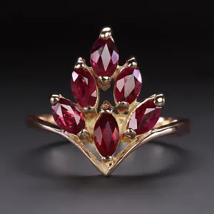 RUBY COCKTAIL RING 14k YELLOW GOLD CLUSTER NATURAL RED ESTATE MARQUISE SHAPE