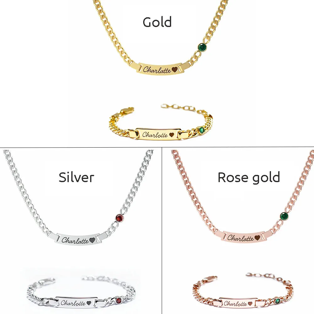 S925 Personalized Baby Name and Birthstone Bracelet Set