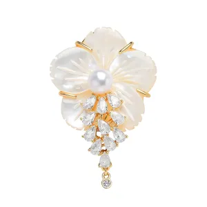 Shell Carved Flower Pearl Cubic Zirconia Brooch