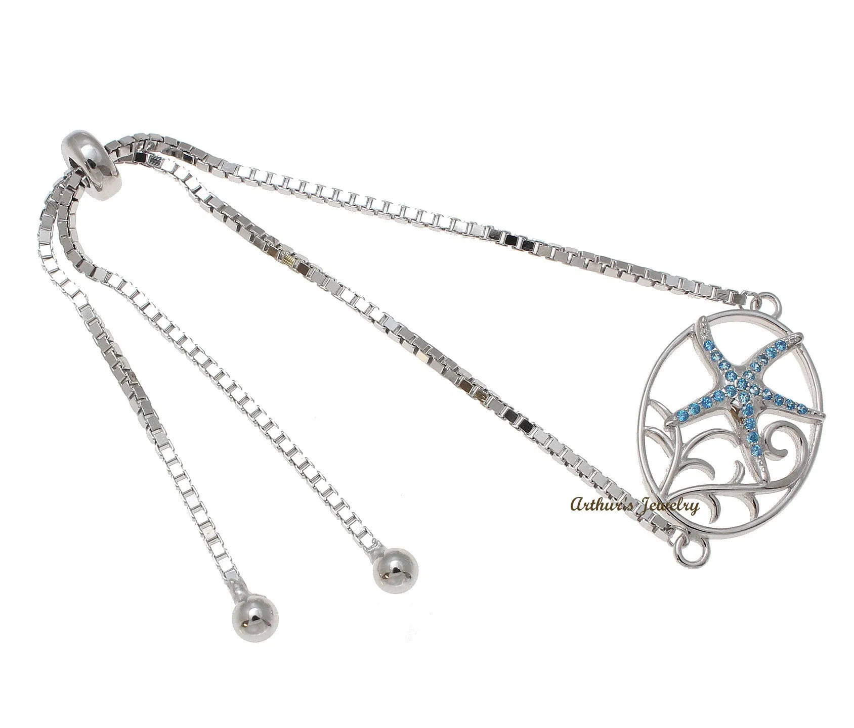 Silver 925 Blue Topaz Hawaiian Starfish Sea Star Sliding Adjustable Bracelet