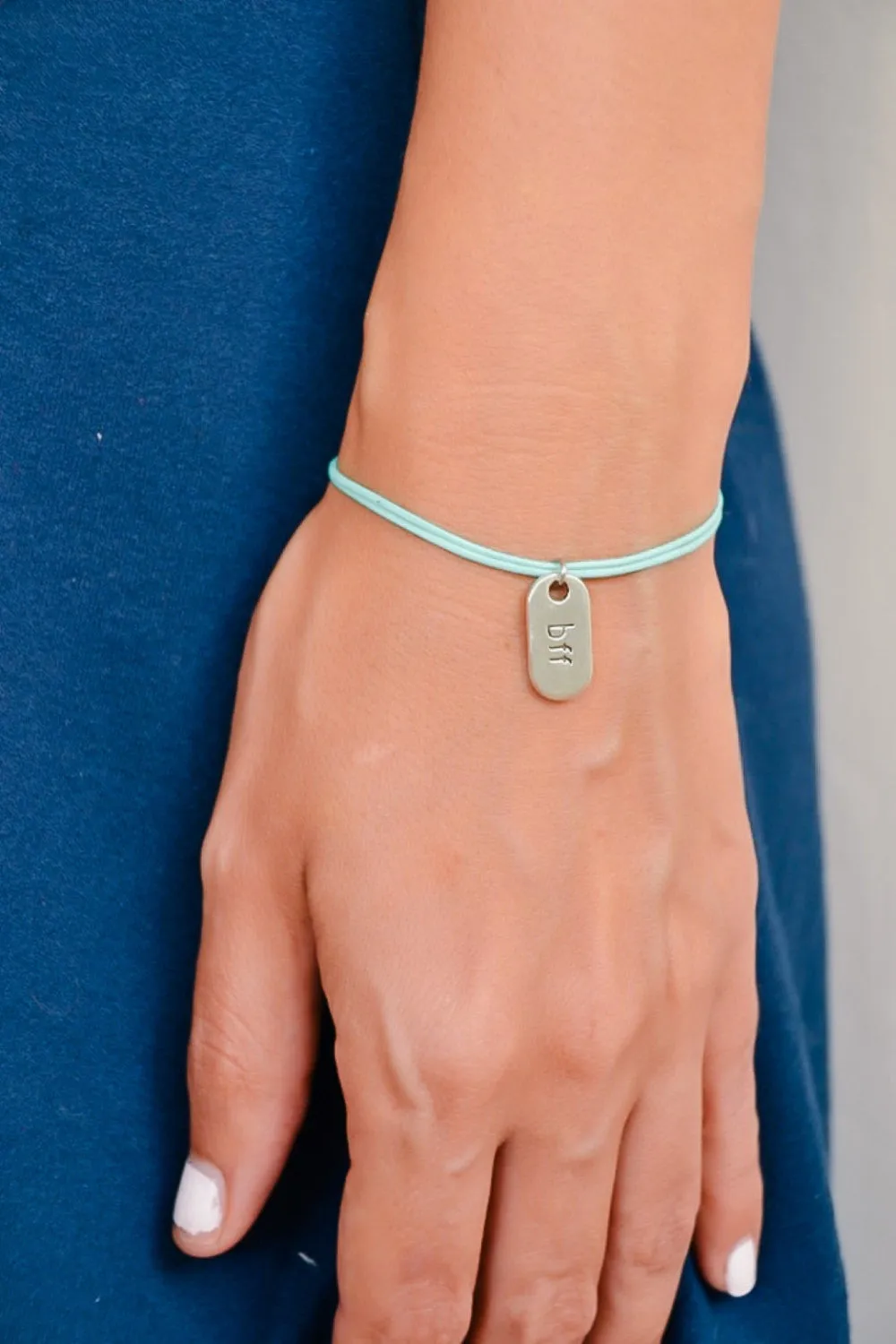 Silver BFF charm bracelet, turquoise cord, teal friendship bracelet