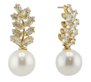 SJE311030 14K Dangle Pearl Leaf CZ Post Earrings