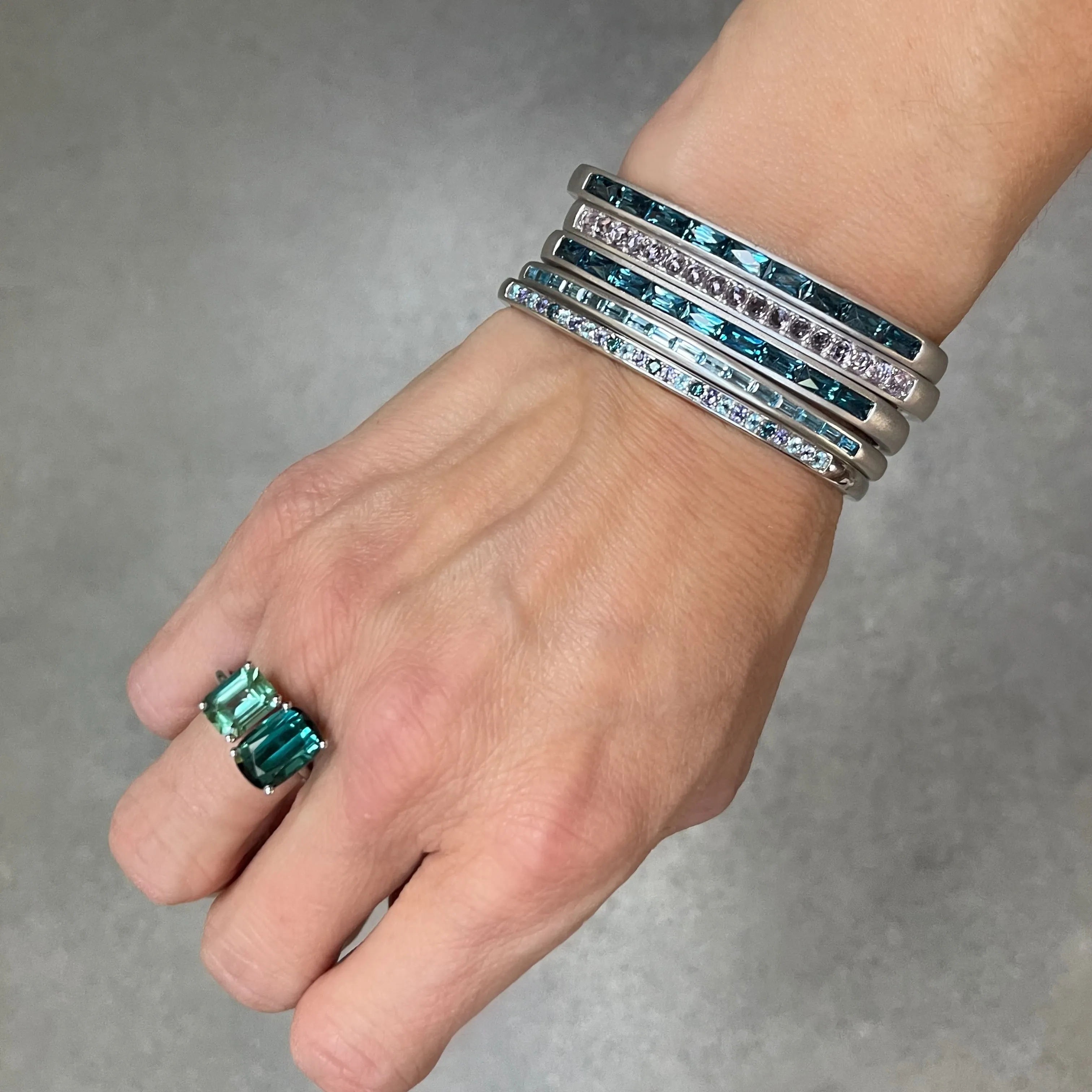 Slim Hinged Oval Cuff Bracelet with Blue Topaz Baguettes