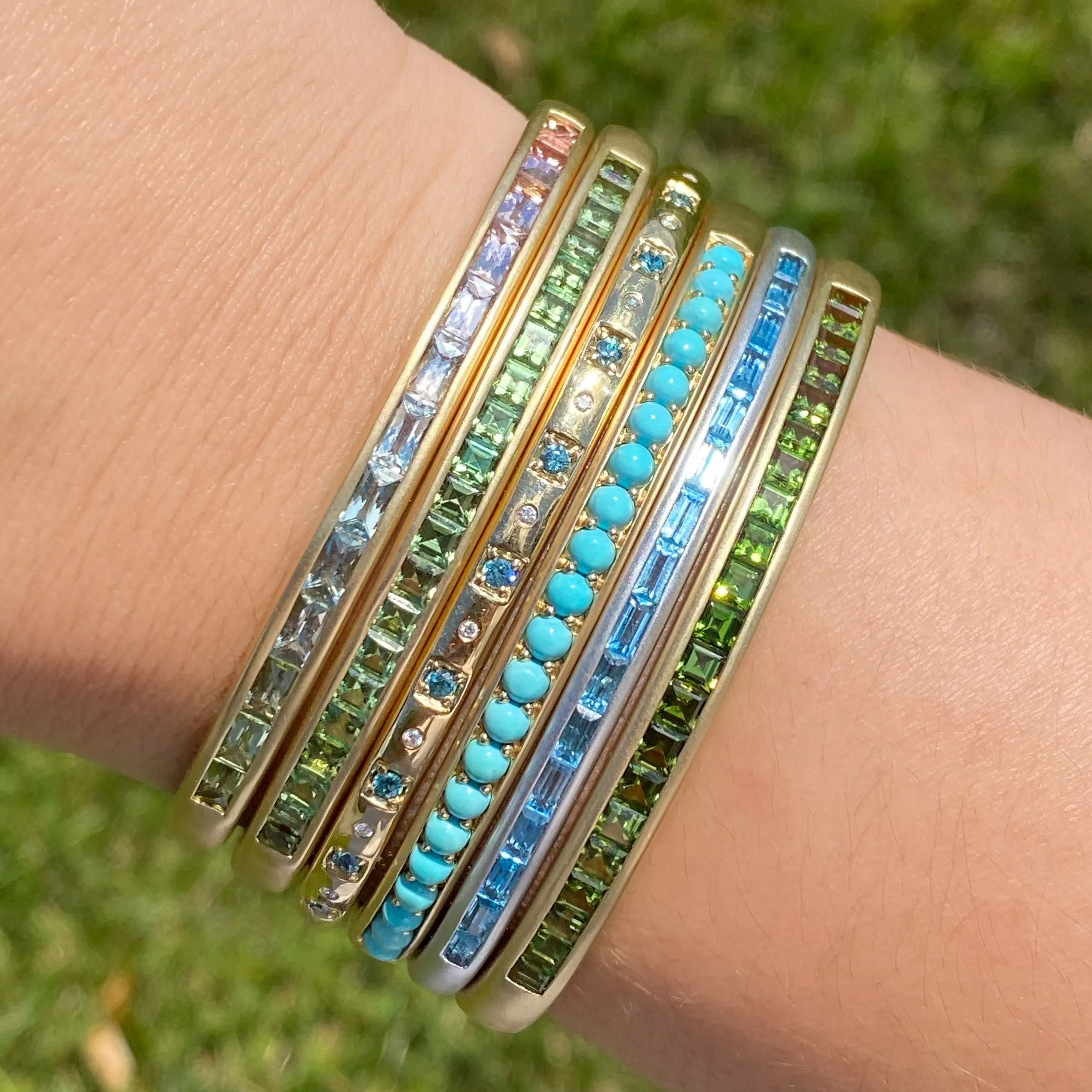 Slim Hinged Oval Cuff Bracelet with Blue Topaz Baguettes