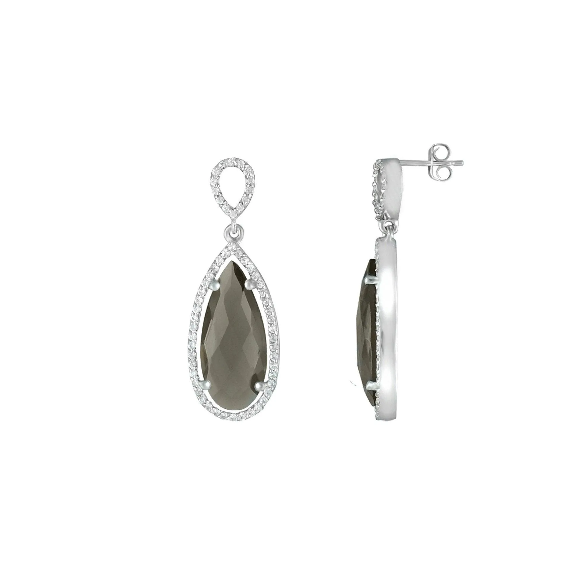 Smokey Quartz and Created White Sapphire Earrings in Silver