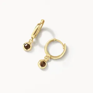 Smokey Quartz Round Drop Charm Huggies in 10k Gold