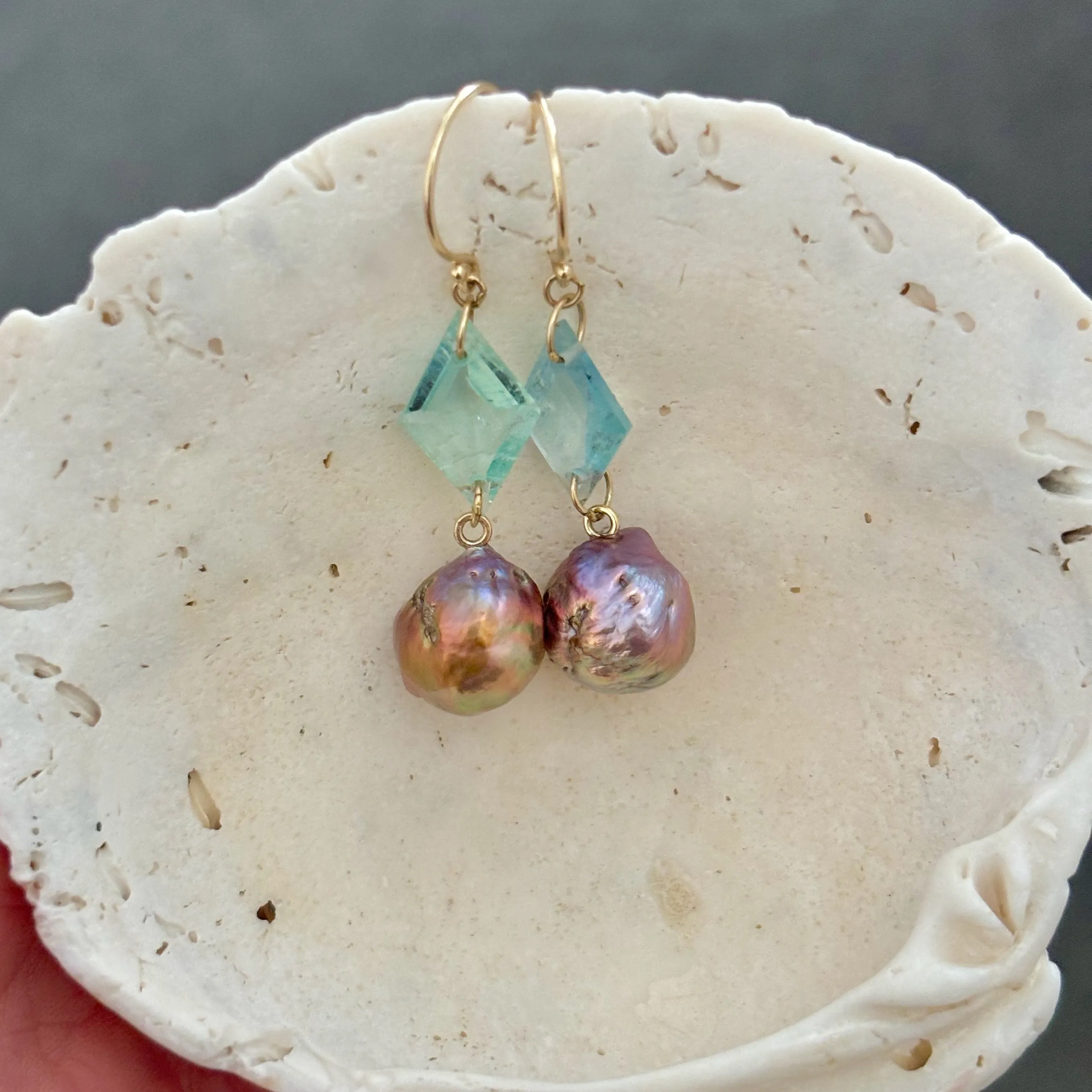 solid gold earrrings of Japan Kasumi pearls and aquamarine