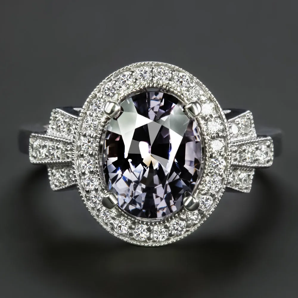 SPINEL DIAMOND VINTAGE STYLE COCKTAIL RING PURPLE GRAY OVAL CUT HALO WHITE GOLD