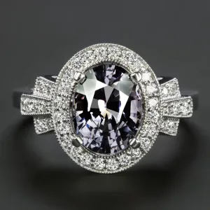 SPINEL DIAMOND VINTAGE STYLE COCKTAIL RING PURPLE GRAY OVAL CUT HALO WHITE GOLD