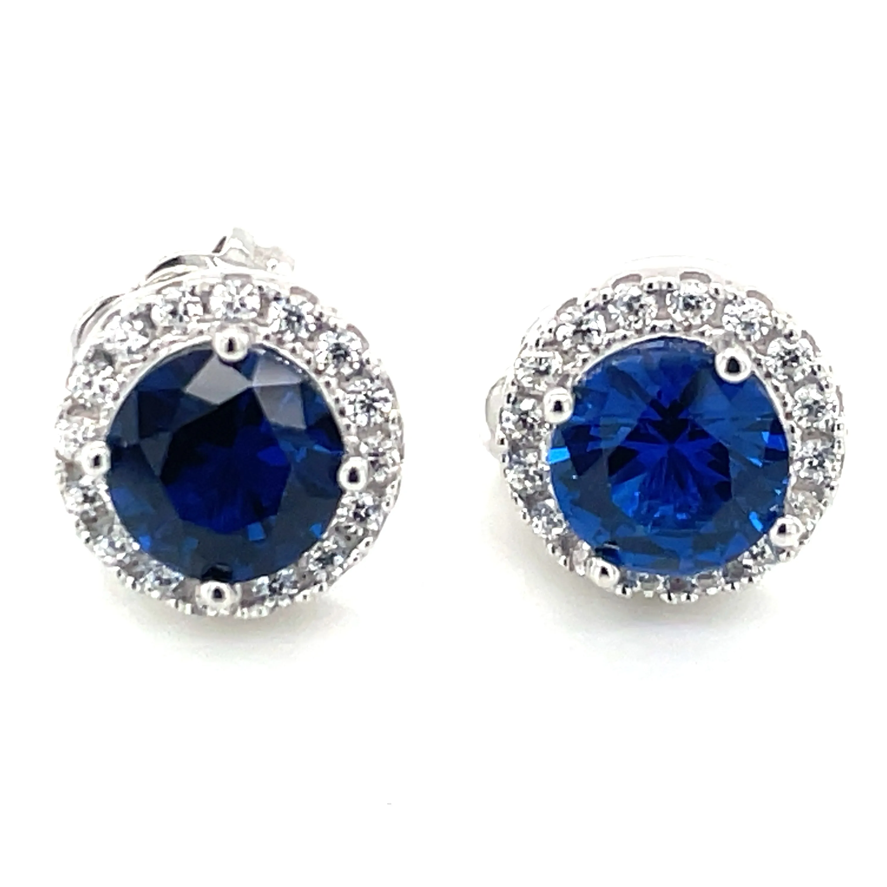 Sterling Silver Sapphire And Cz Halo Stud Earrings