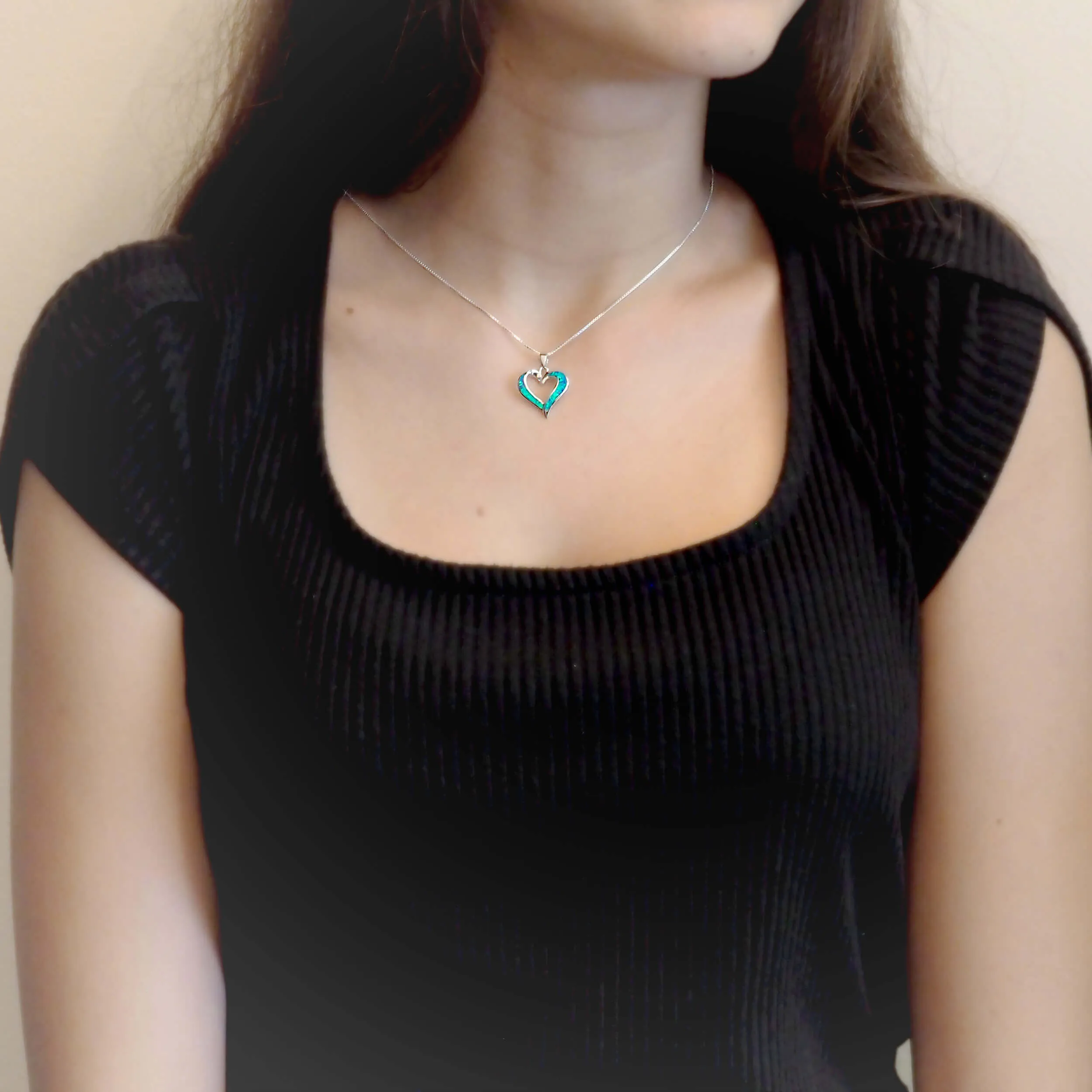 Sterling Silver Synthetic Blue Opal Open Heart Pendant Necklace, 18"