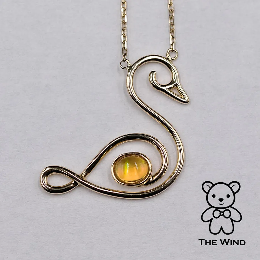 Swan Design Mexican Fire Opal Necklace 18K Yellow Gold