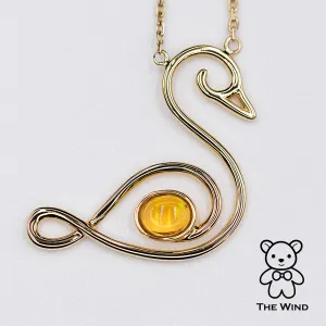 Swan Design Mexican Fire Opal Necklace 18K Yellow Gold