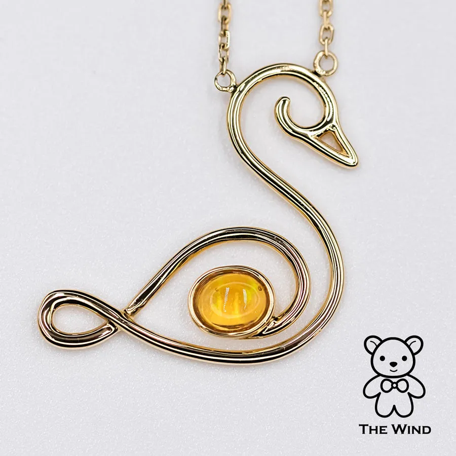 Swan Design Mexican Fire Opal Necklace 18K Yellow Gold