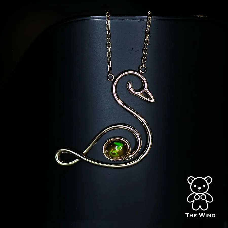 Swan Design Mexican Fire Opal Necklace 18K Yellow Gold