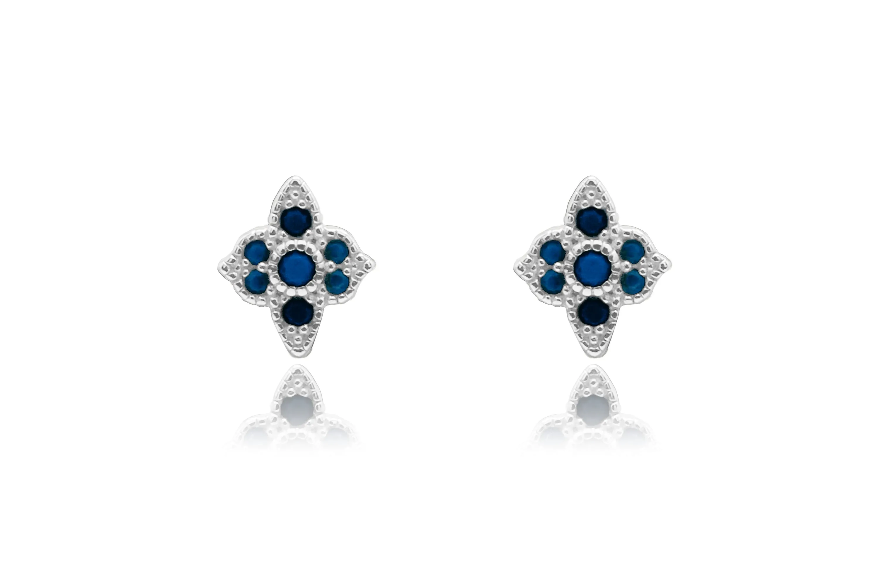 Takia Filigree Sapphire Blue CZ Sterling Silver Gold Stud Earrings