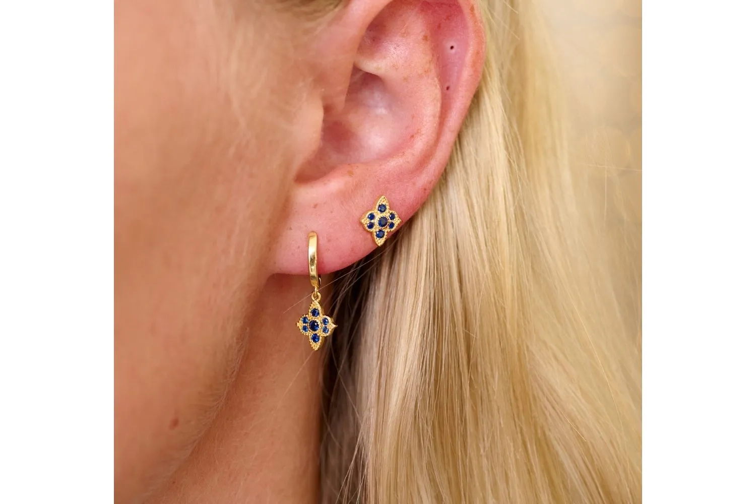 Takia Filigree Sapphire Blue CZ Sterling Silver Gold Stud Earrings