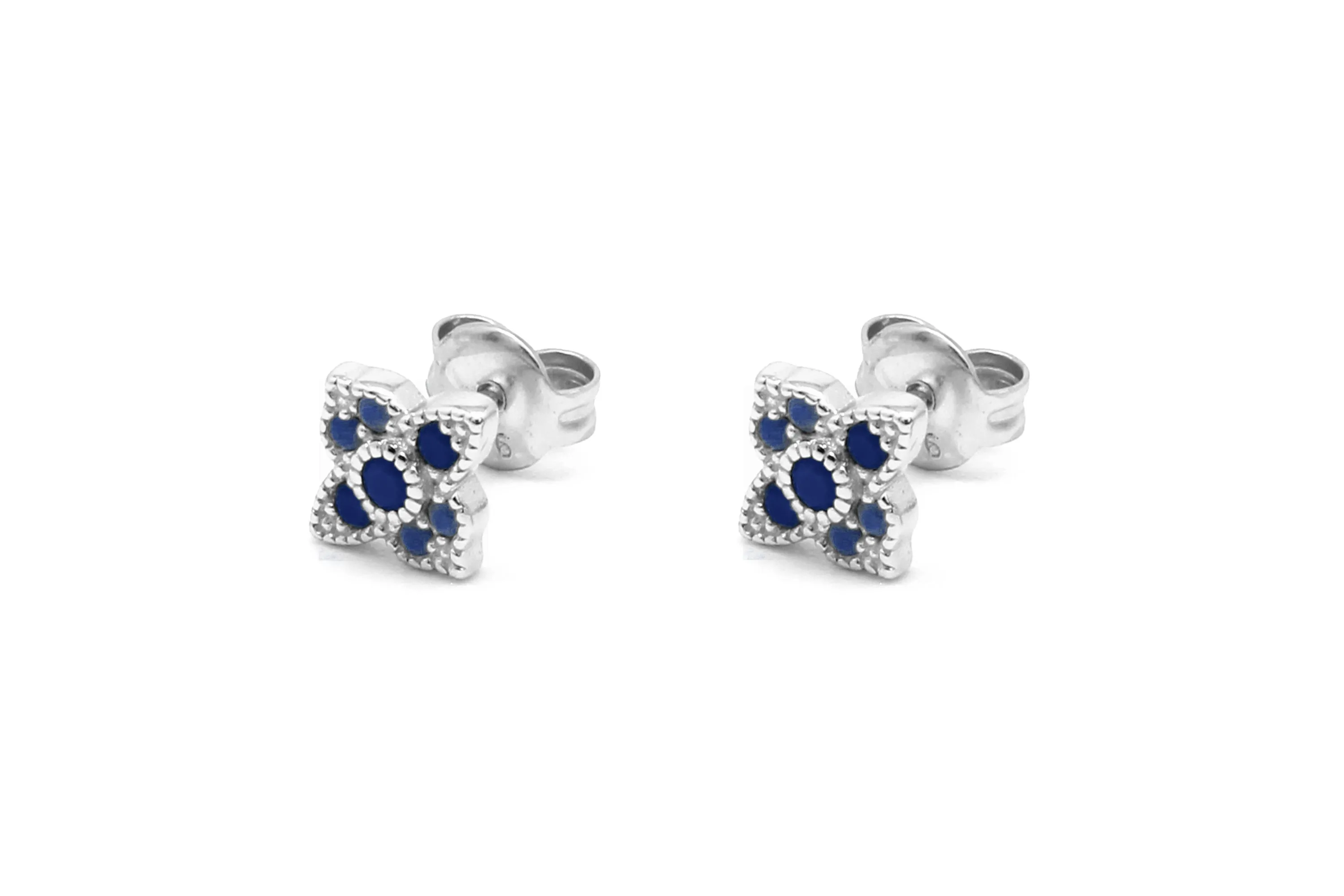 Takia Filigree Sapphire Blue CZ Sterling Silver Gold Stud Earrings
