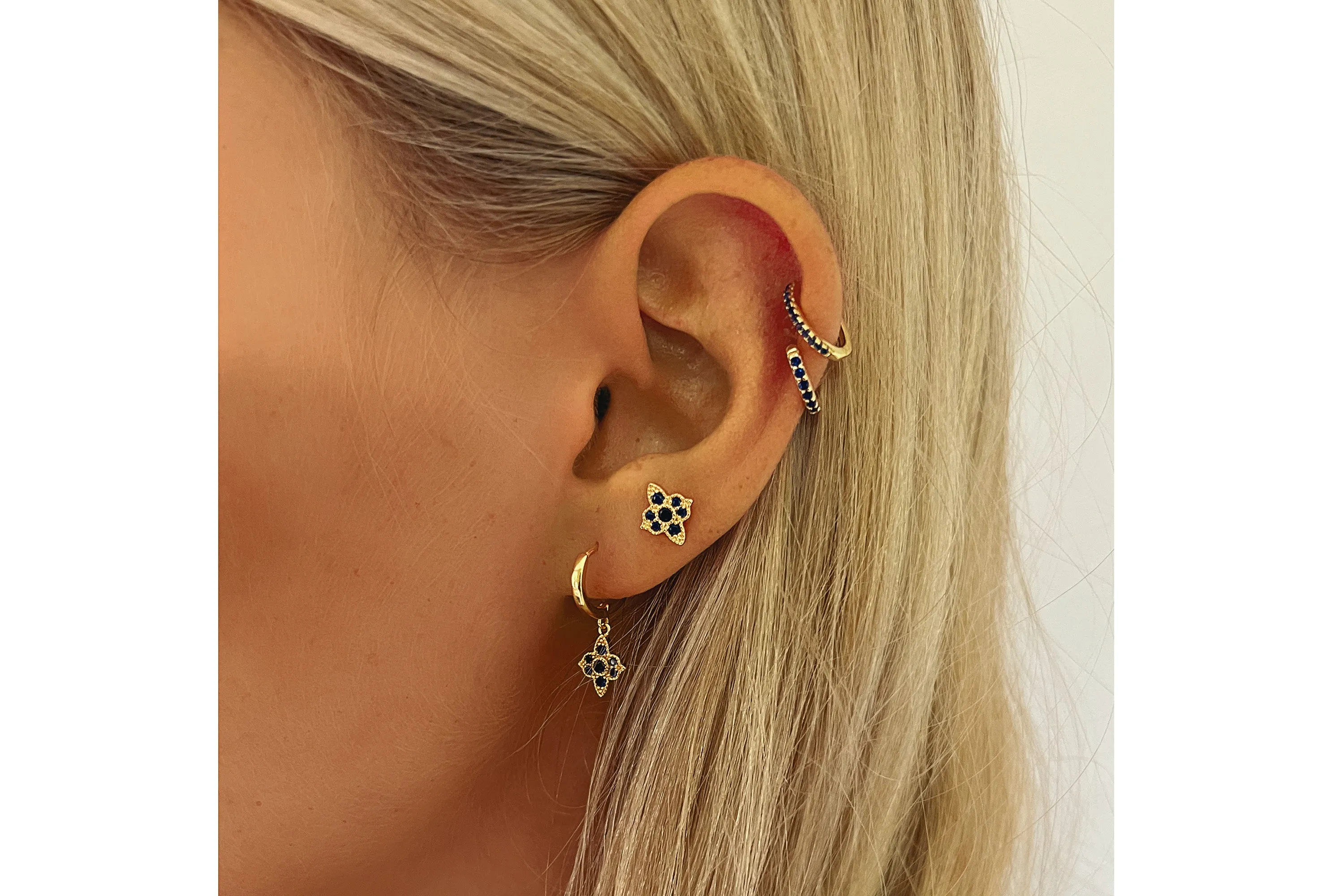 Takia Filigree Sapphire Blue CZ Sterling Silver Gold Stud Earrings