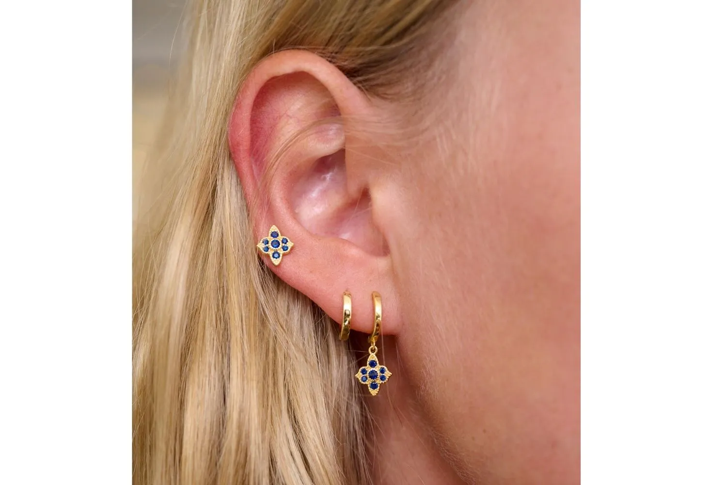 Takia Filigree Sapphire Blue CZ Sterling Silver Gold Stud Earrings
