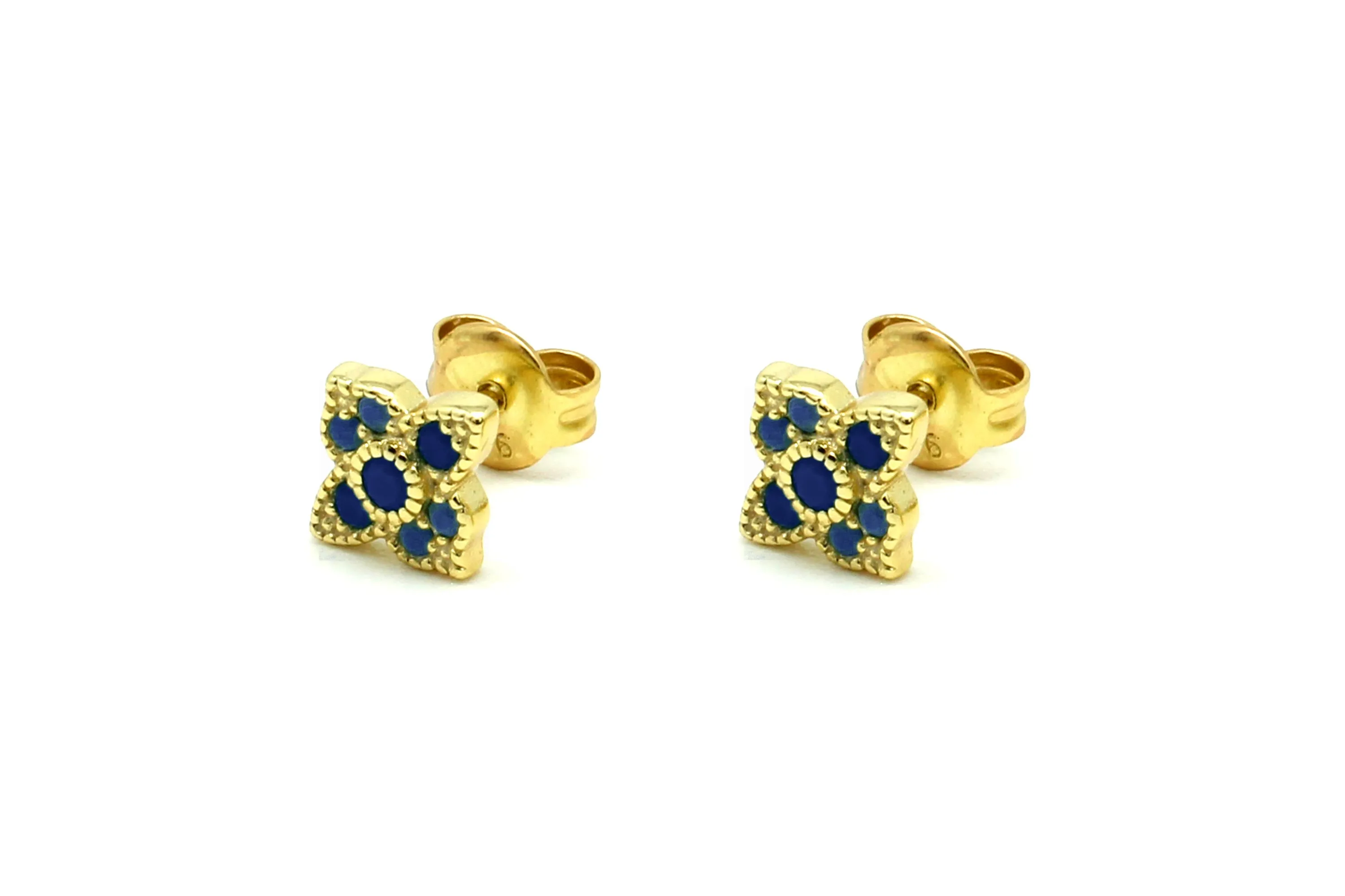 Takia Filigree Sapphire Blue CZ Sterling Silver Gold Stud Earrings