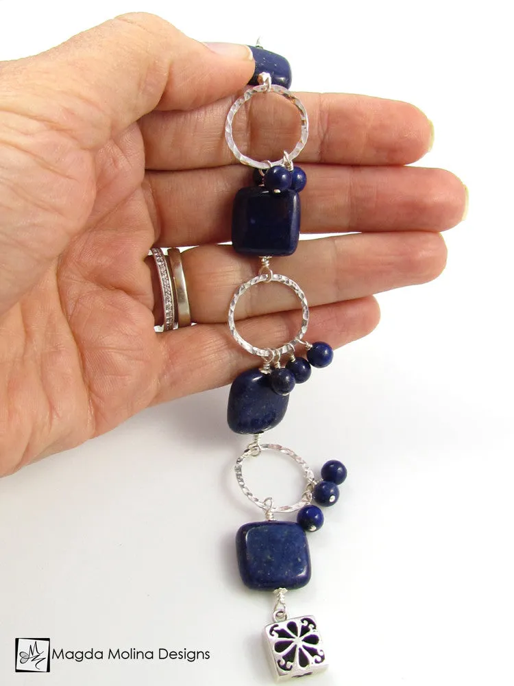The Chunky Lapis Lazuli And Hammered Silver Rings Bracelet