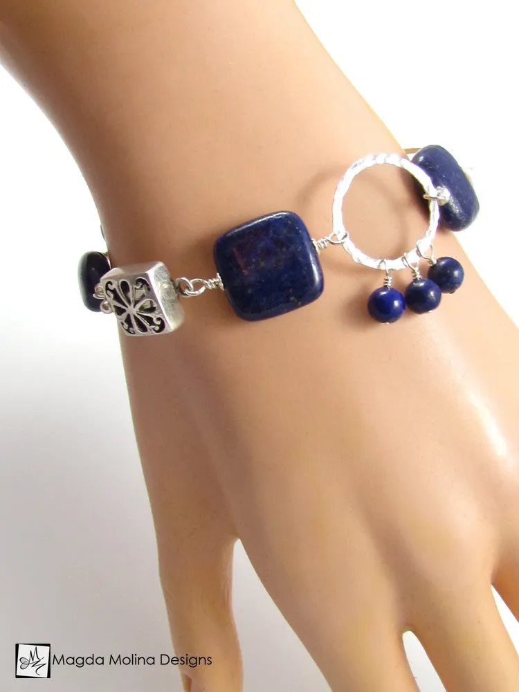 The Chunky Lapis Lazuli And Hammered Silver Rings Bracelet