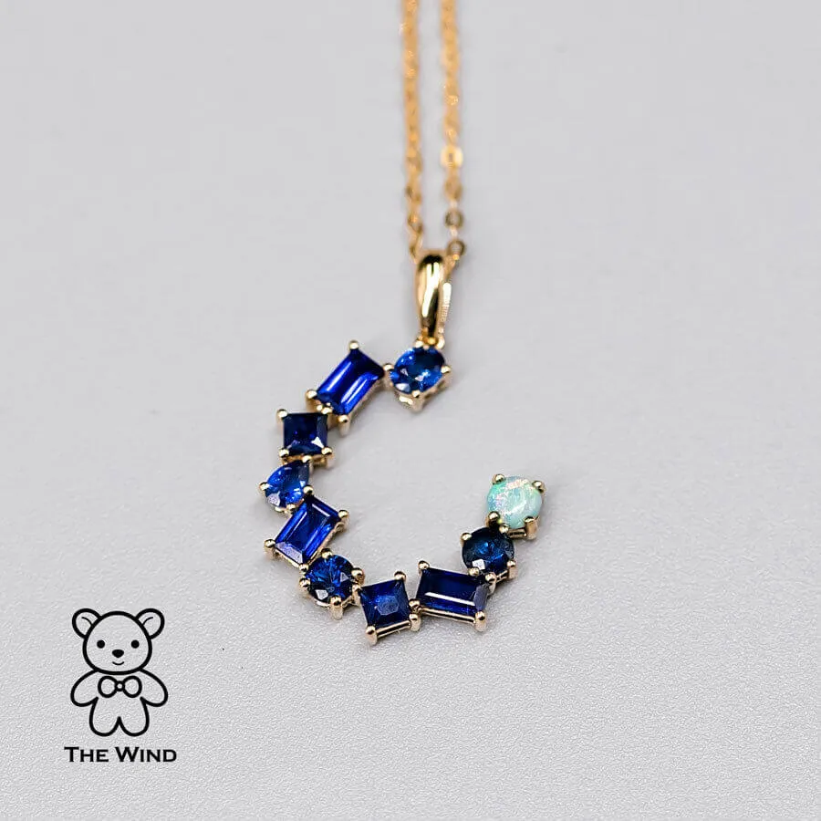 The Moon - Blue Sapphire & Australian Solid Opal Pendant Necklace 18k Yellow Gold