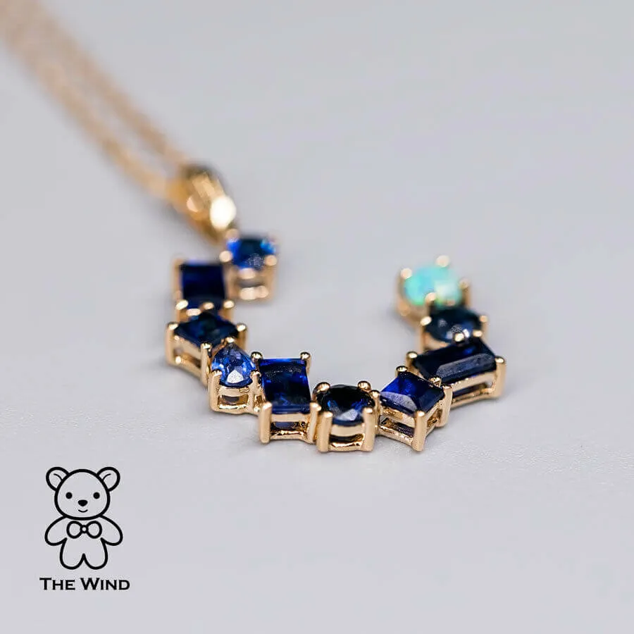 The Moon - Blue Sapphire & Australian Solid Opal Pendant Necklace 18k Yellow Gold