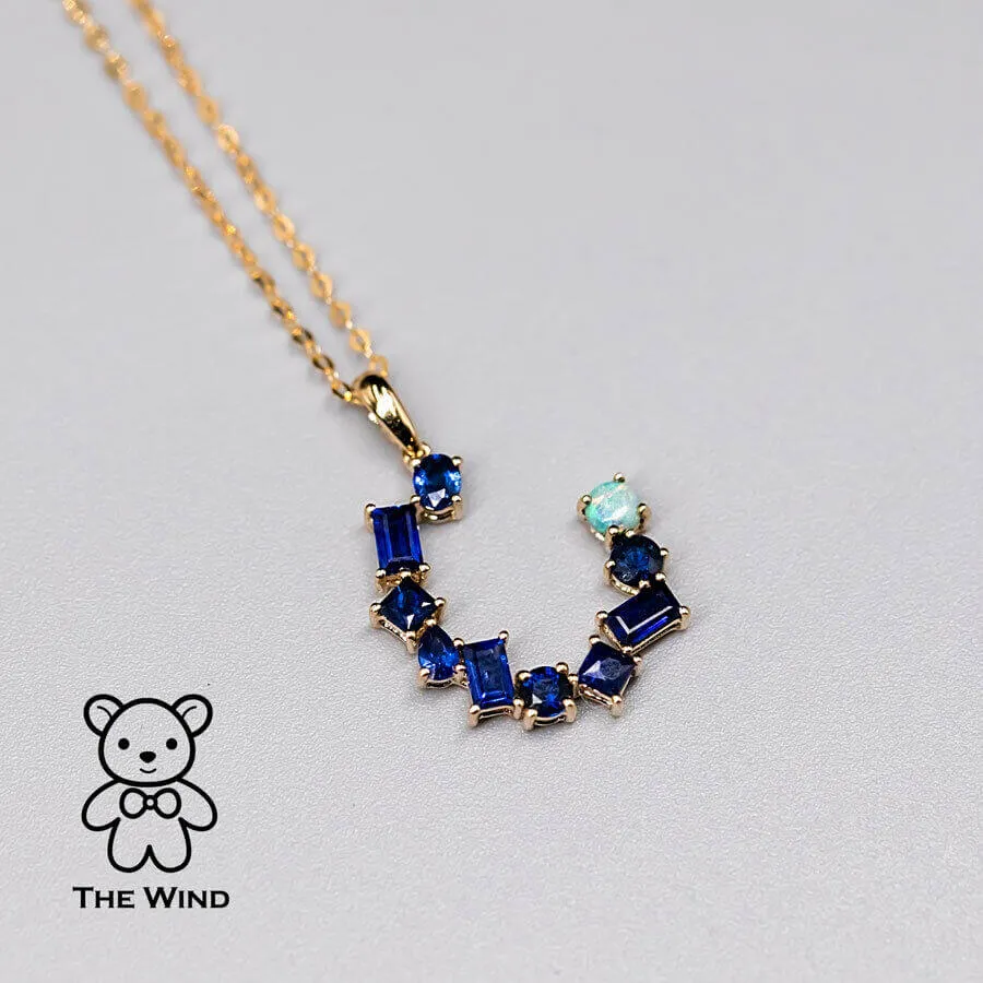 The Moon - Blue Sapphire & Australian Solid Opal Pendant Necklace 18k Yellow Gold