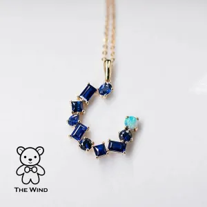 The Moon - Blue Sapphire & Australian Solid Opal Pendant Necklace 18k Yellow Gold