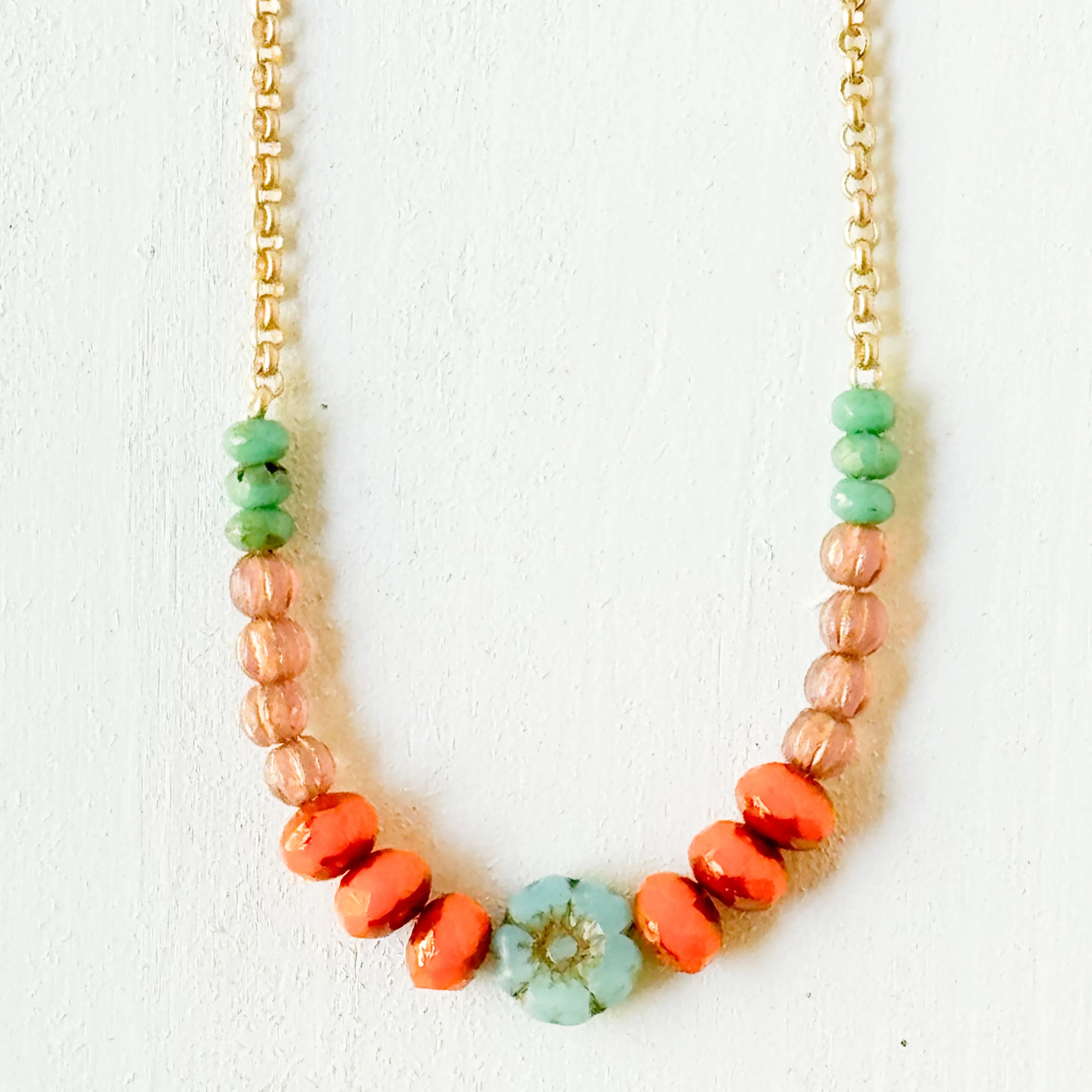 Tiny Blue Flower and Bead Necklace-WS